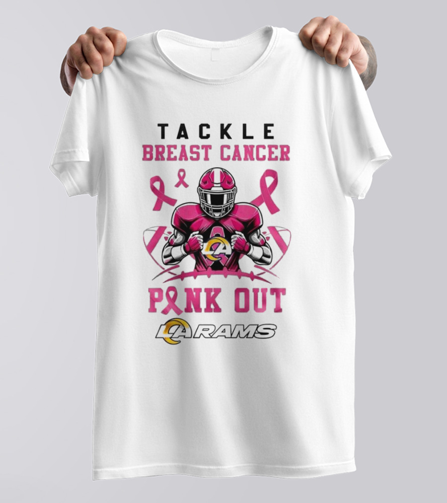 Los Angeles Rams Tackle Breast Cancer Pink Out 2024 Pink Ribbon Football Player T-Shirt