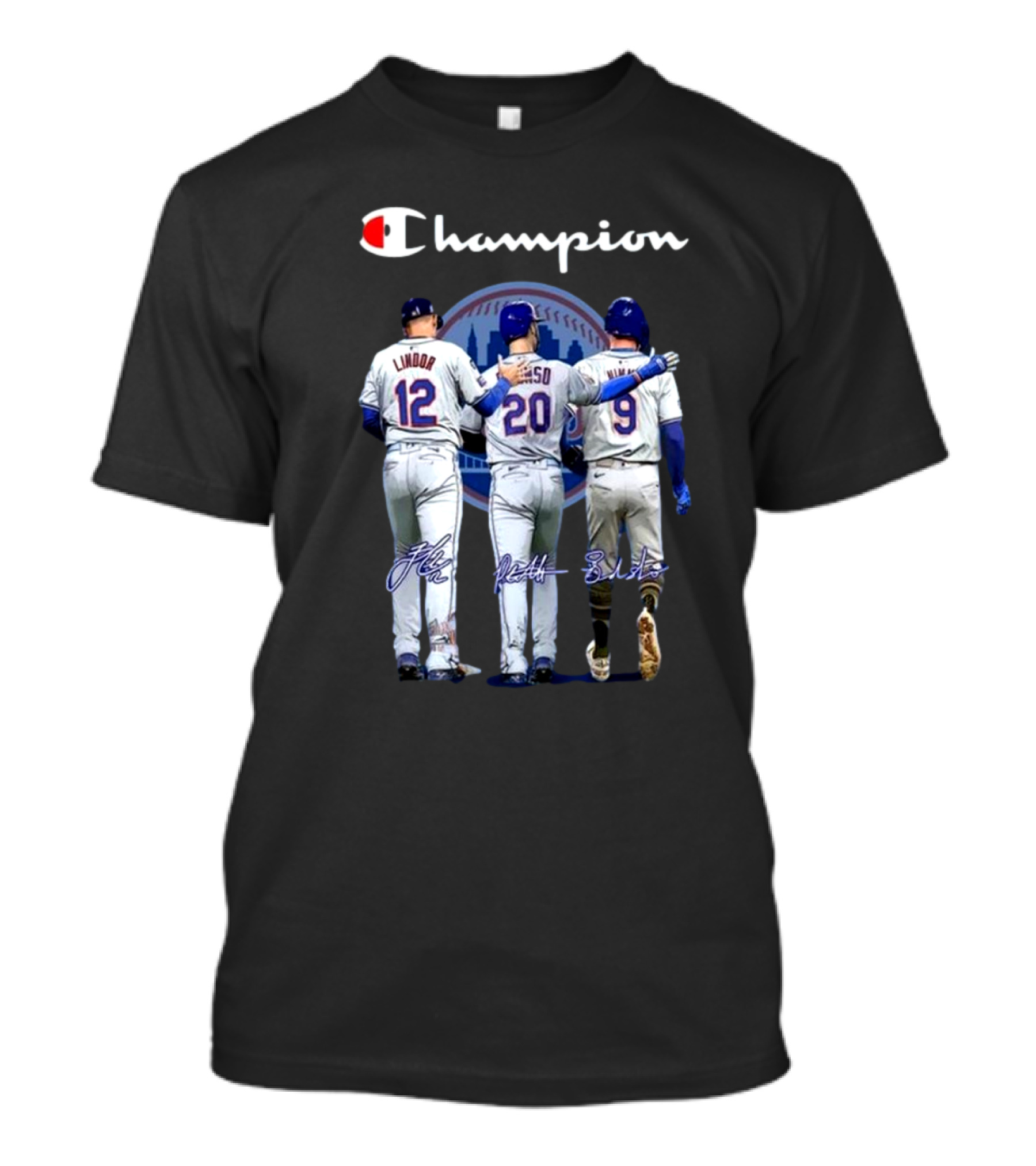 Champion New York Mets Lindor Alonso Nimmo Signatures Behind T-Shirt