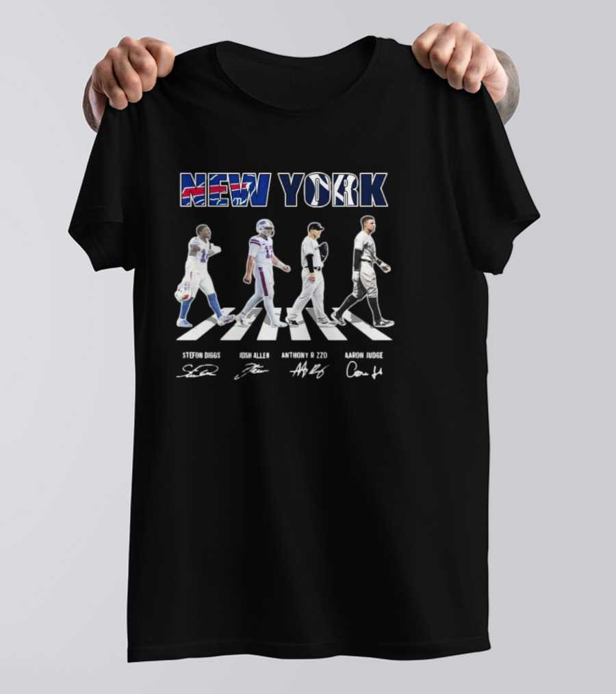 New York Teams Buffalo Bills Yankees Stefon Diggs Josh Allen Anthony Rizzo Aaron Judge Walking Signatures T-Shirt
