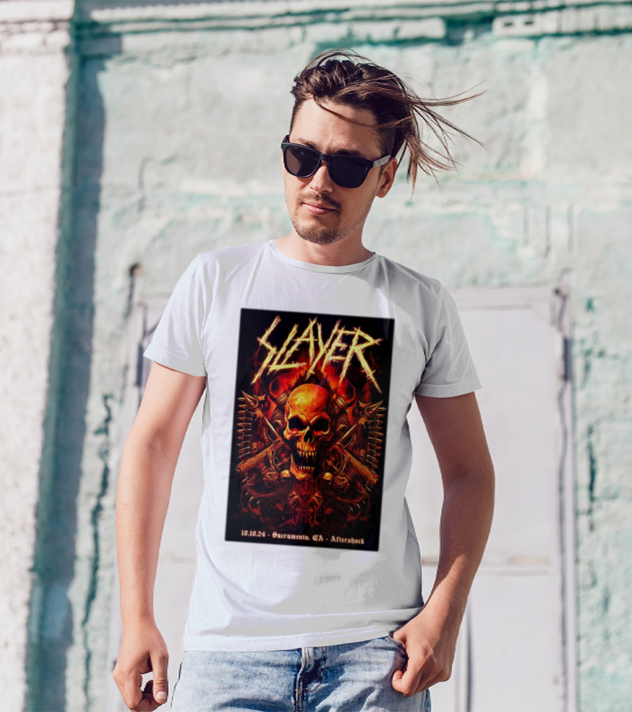 Slayer Aftershock Tour Sacramento CA October 10 2024 Skull And Crossed Swords T-Shirt