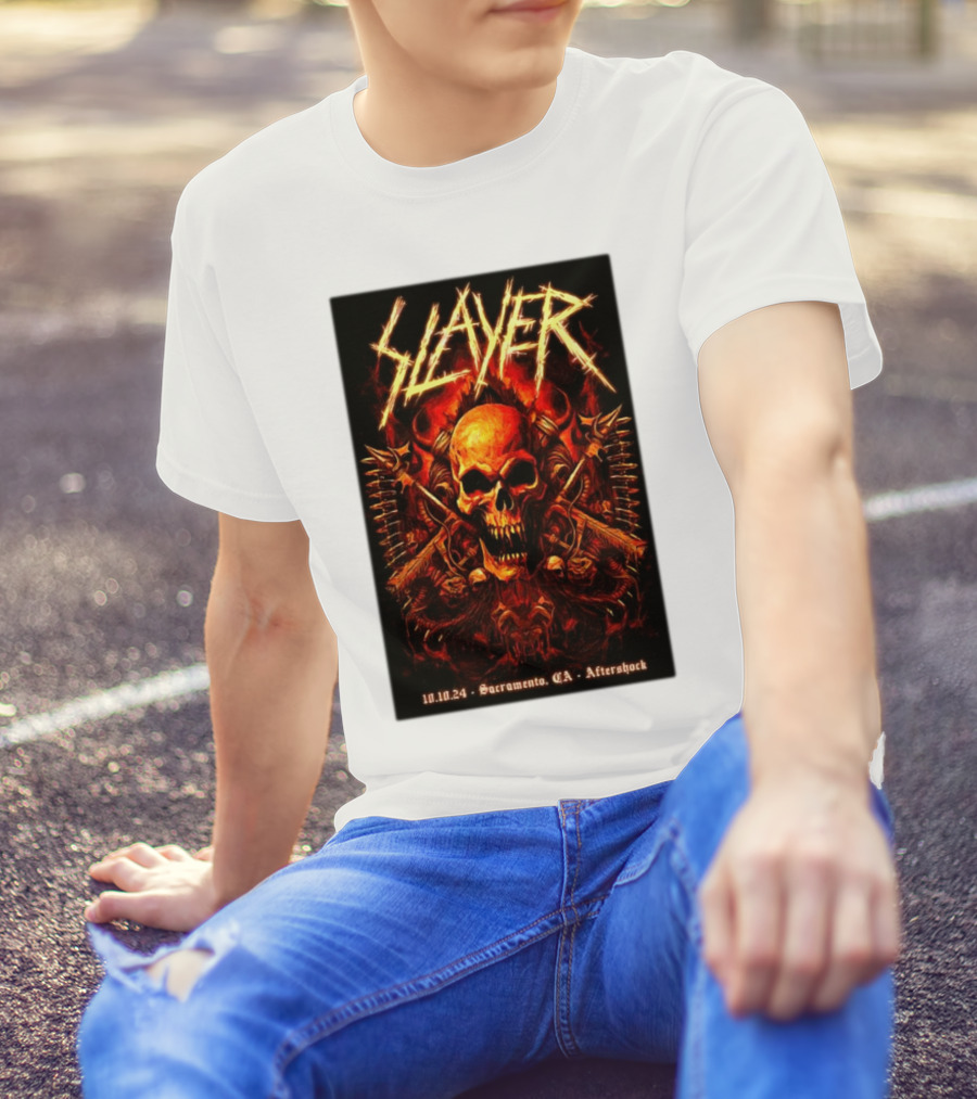 Slayer Aftershock Tour Sacramento CA October 10 2024 Skull And Crossed Swords T-Shirt
