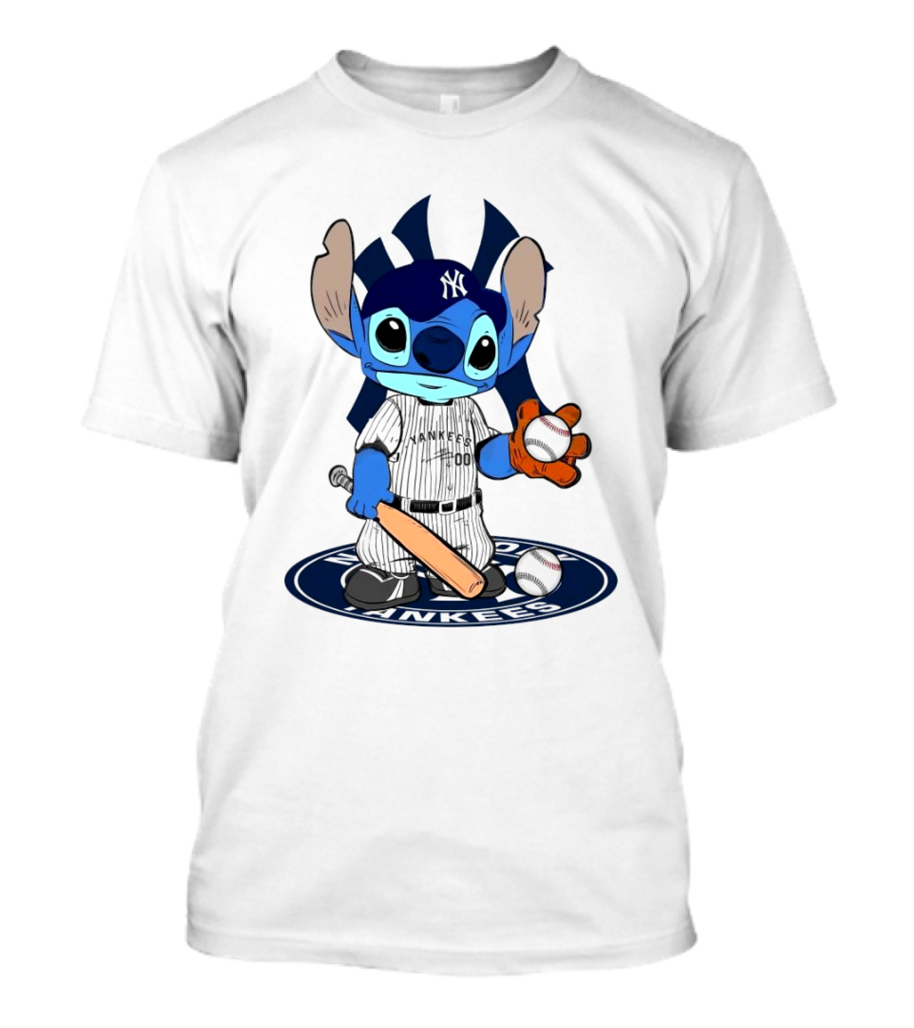 Stitch Yankees 2024 Baseball Character With Cap And Bat T-Shirt