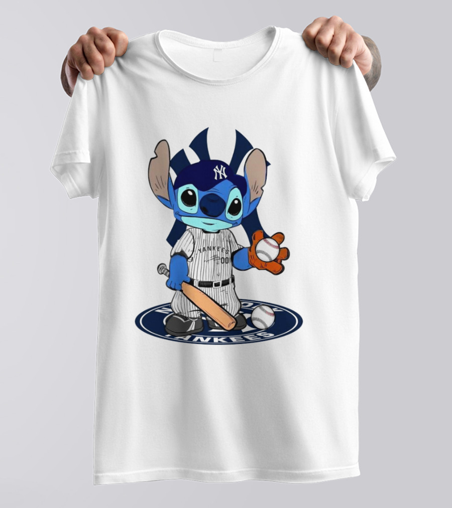 Stitch Yankees 2024 Baseball Character With Cap And Bat T-Shirt