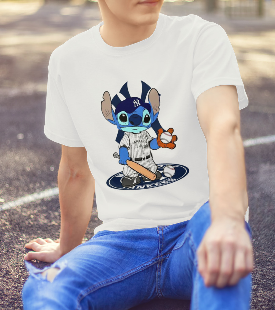 Stitch Yankees 2024 Baseball Character With Cap And Bat T-Shirt