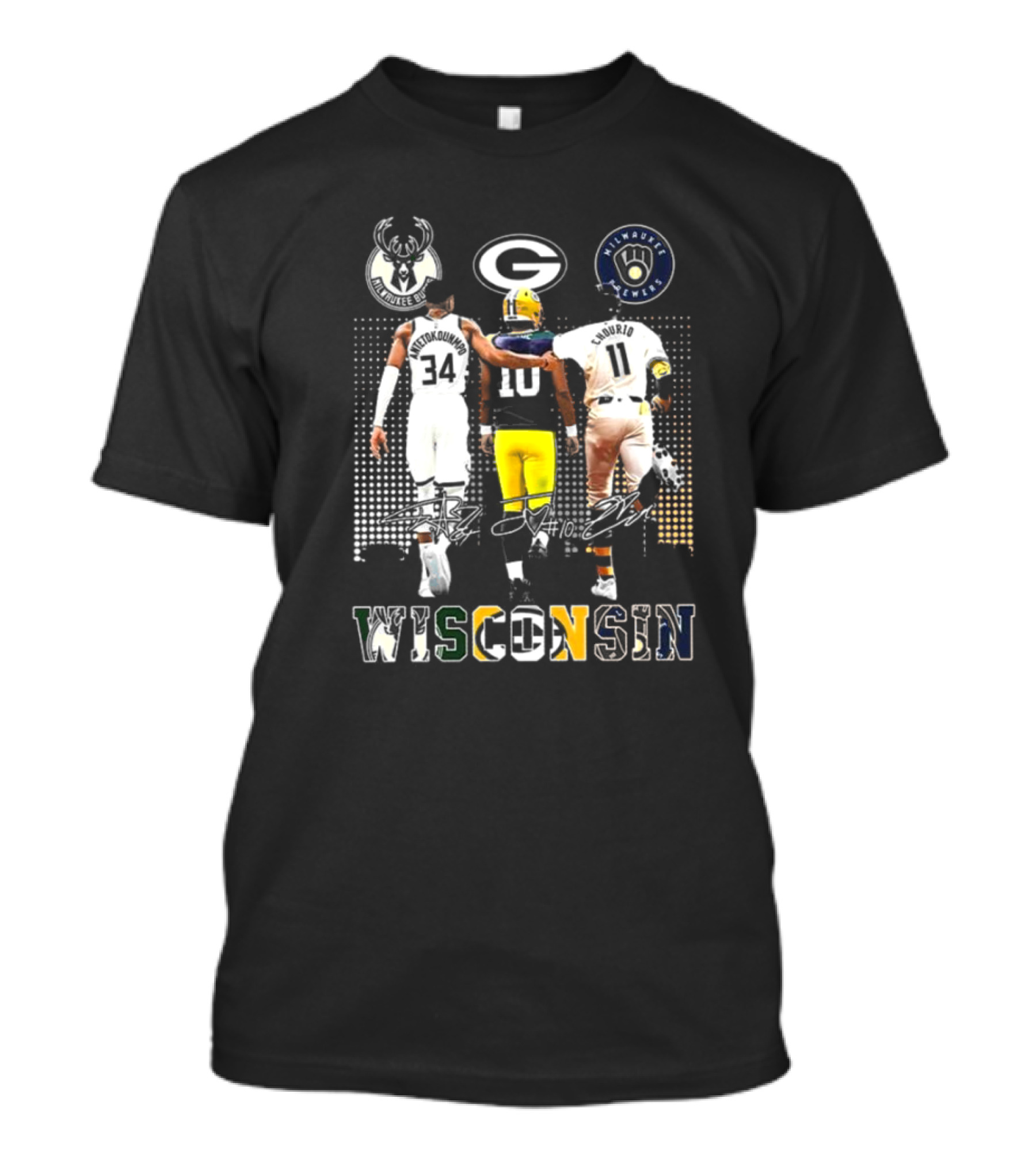 Wisconsin Milwaukee Bucks Packers Brewers Giannis Antetokounmpo Jackson Chourio Jordan Love Signatures T-Shirt