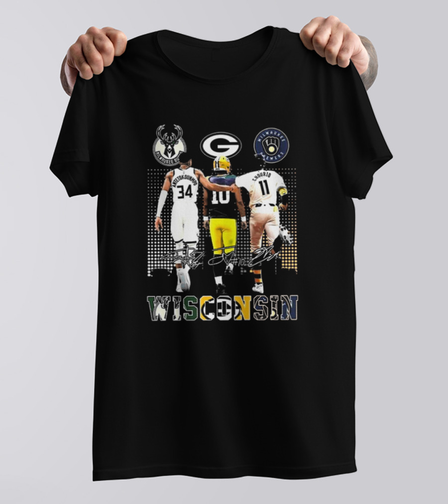 Wisconsin Milwaukee Bucks Packers Brewers Giannis Antetokounmpo Jackson Chourio Jordan Love Signatures T-Shirt