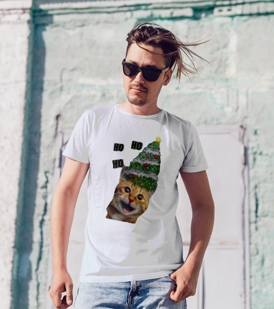 Cat With Christmas Tree Hat Ho Ho Ho Christmas T-Shirt