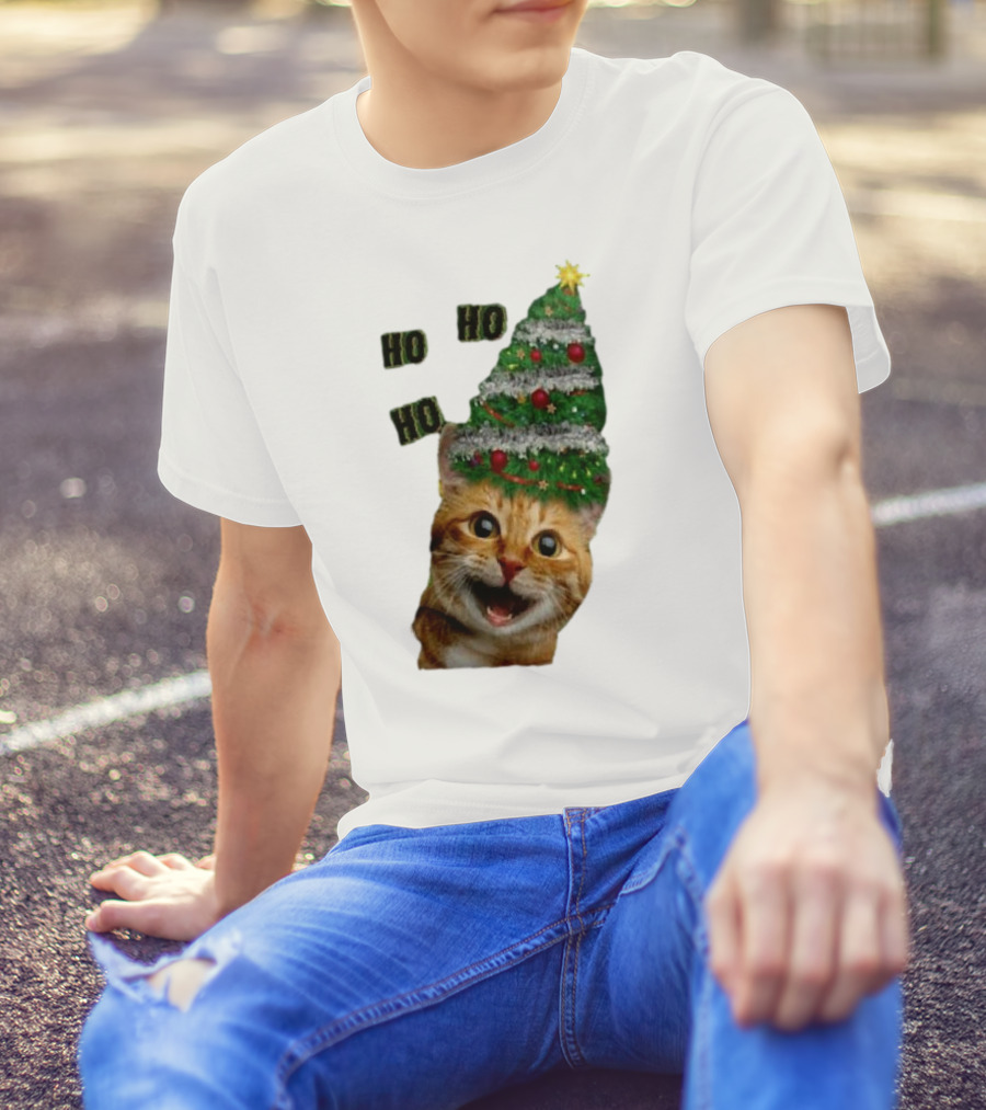 Cat With Christmas Tree Hat Ho Ho Ho Christmas T-Shirt