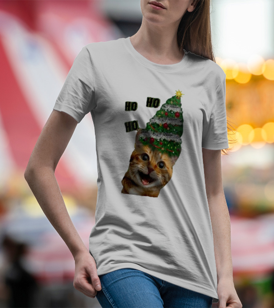 Cat With Christmas Tree Hat Ho Ho Ho Christmas T-Shirt