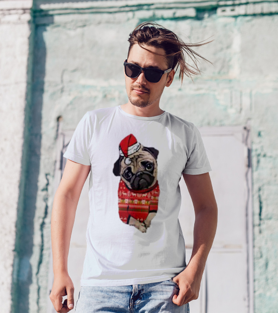 Lovely Pug Christmas Sweater Santa Hat Holiday T-Shirt