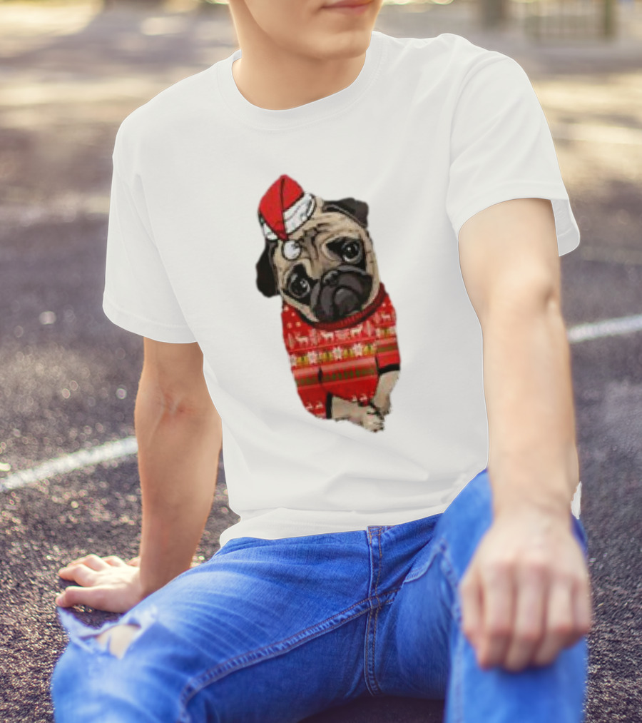 Lovely Pug Christmas Sweater Santa Hat Holiday T-Shirt