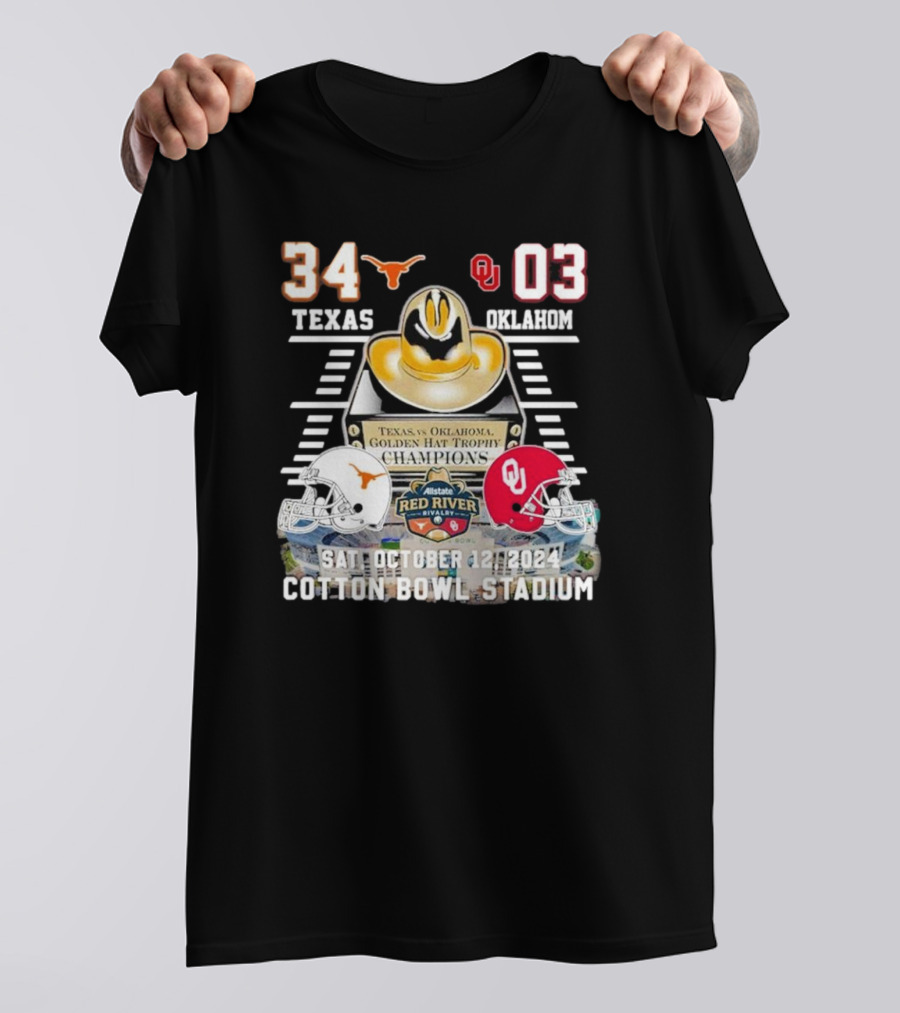 Texas Vs Oklahoma Red River Showdown 2024 Golden Hat Trophy Champions Cotton Bowl Stadium October 12 T-Shirt