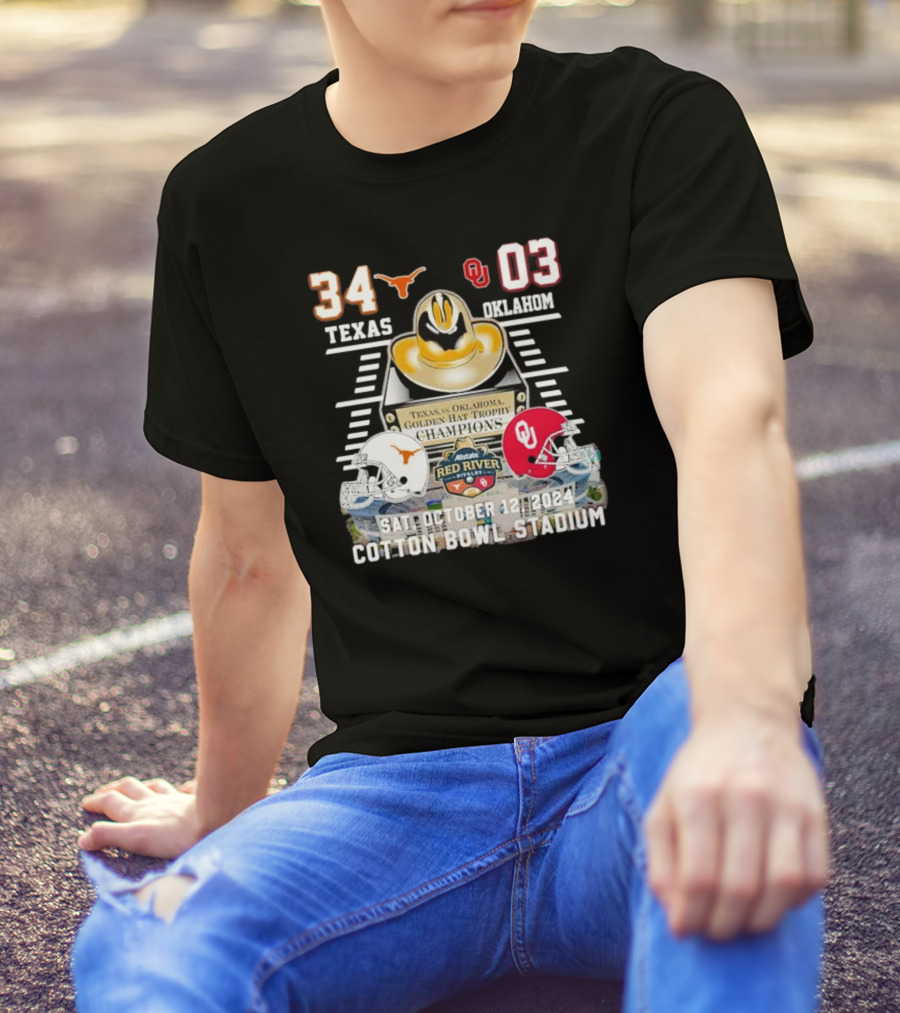 Texas Vs Oklahoma Red River Showdown 2024 Golden Hat Trophy Champions Cotton Bowl Stadium October 12 T-Shirt
