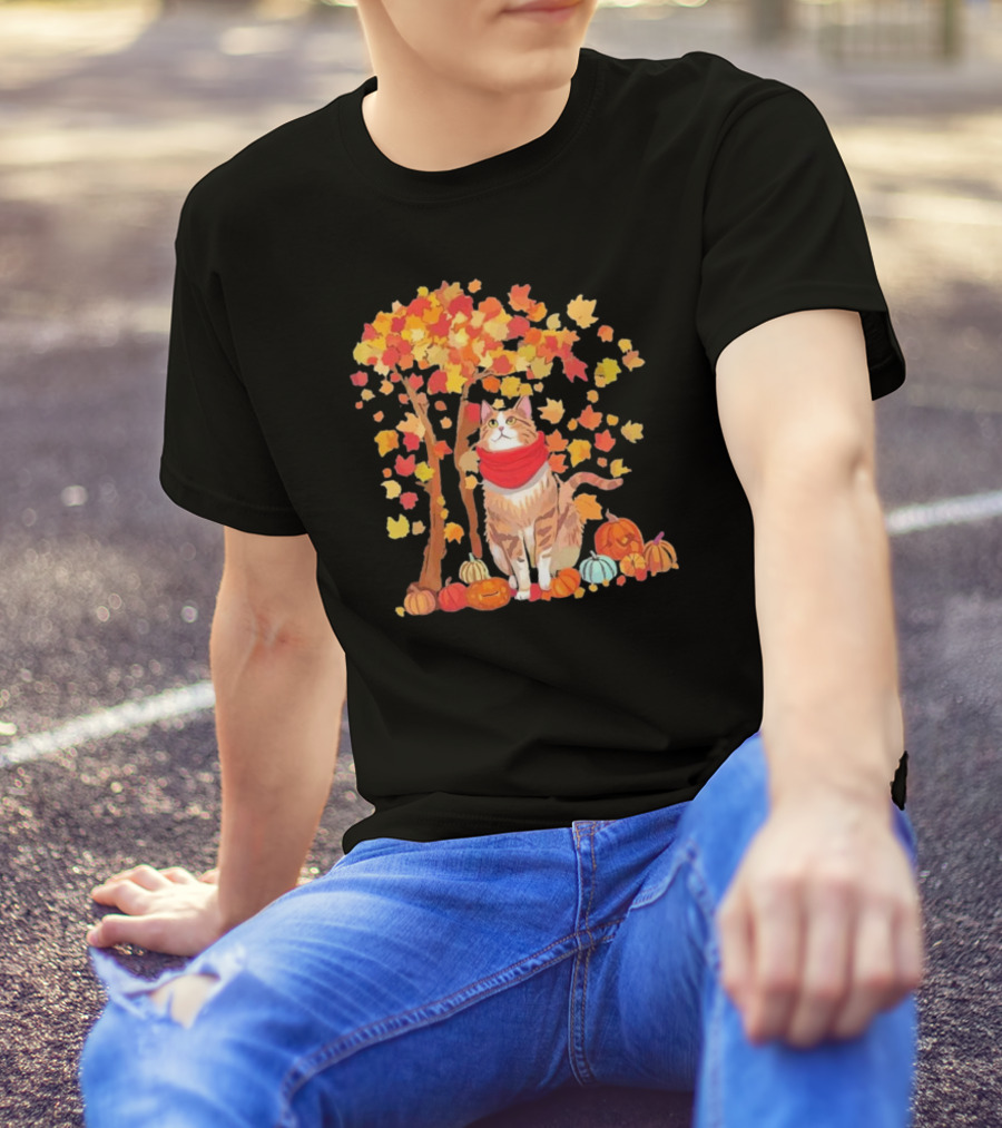 ItS Fall YAll Cat Leaf Fall Tree Hello Autumn Thanksgiving Pumpkin Scarf T-Shirt