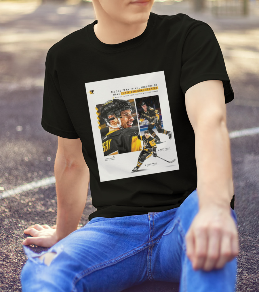 Pittsburgh Penguins Historic 500 Goal Scorers Sidney Crosby Mario Lemieux Evgeni Malkin NHL Milestone T-Shirt