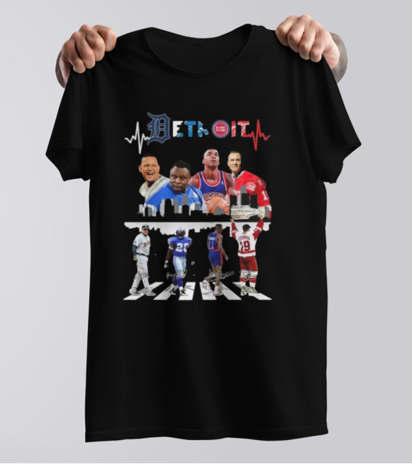 Detroit Tigers Lions Pistons Red Wings Legends Signatures Detroit Skyline Abbey Road T-Shirt