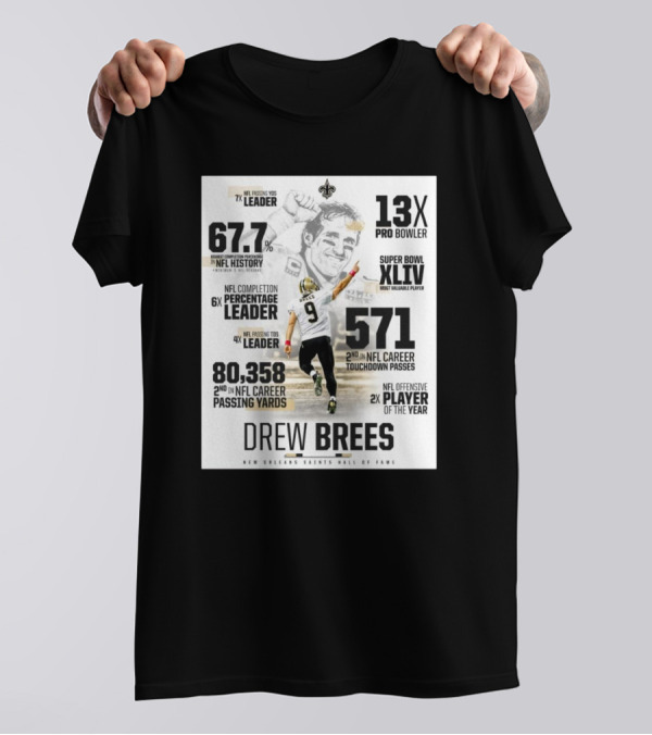 New Orleans Saints Hall Of Fame Drew Brees 13X Pro Bowler Super Bowl XLIV MVP NFL Leader 80,358 Passing Yards T-Shirt