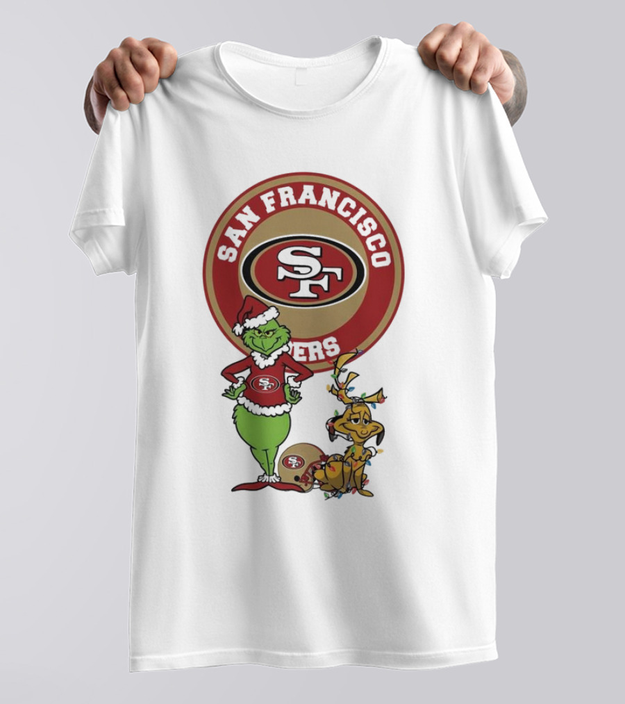 Grinch And Max San Francisco 49ers Merry Christmas 2024 Football Fan Holiday T-Shirt
