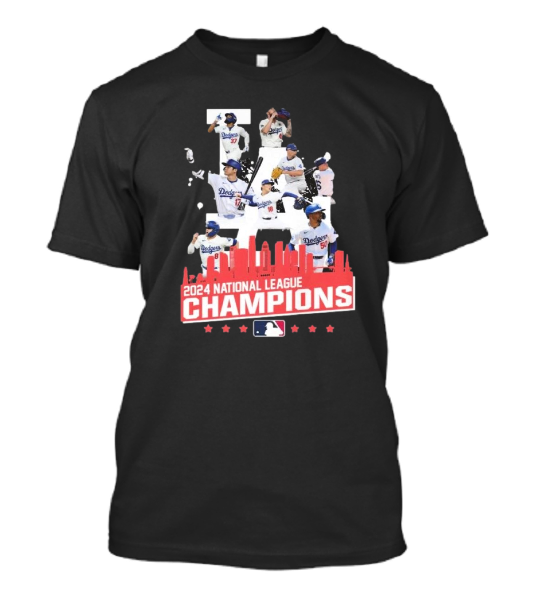 Los Angeles Dodgers 2024 National League Champions Team Celebration Skyline T-Shirt