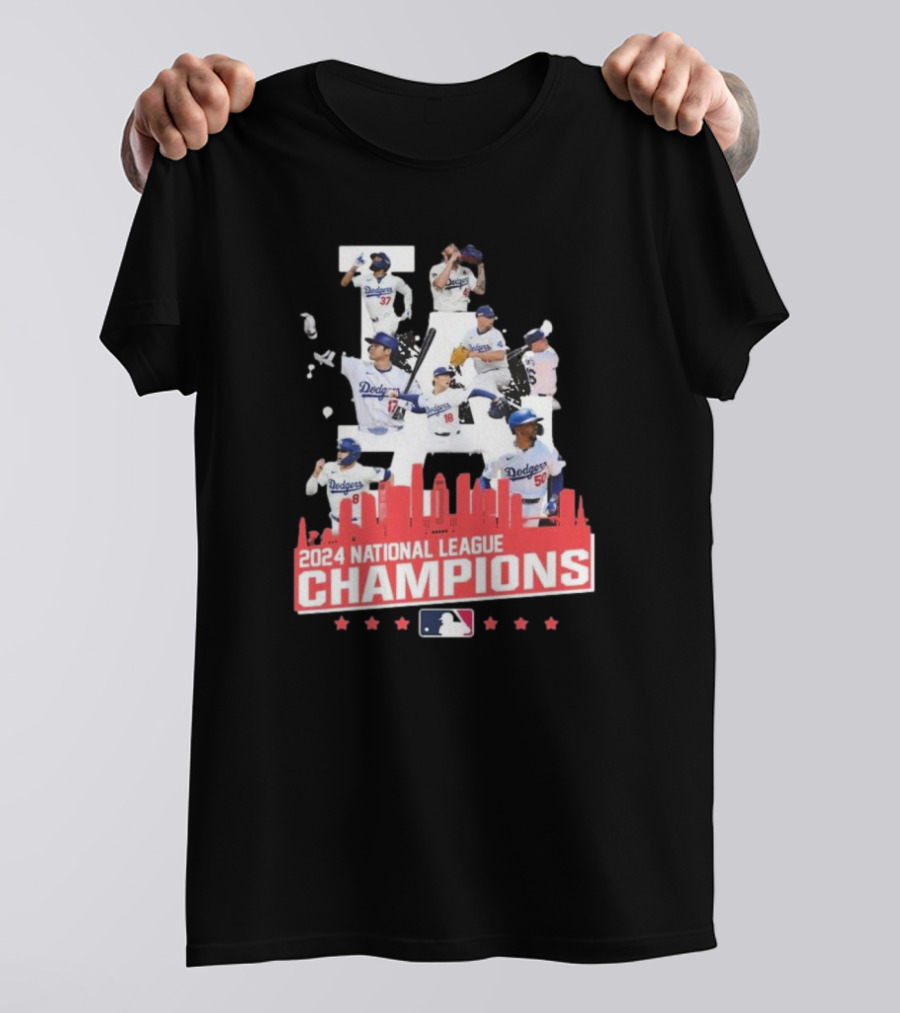 Los Angeles Dodgers 2024 National League Champions Team Celebration Skyline T-Shirt
