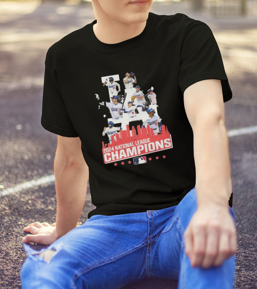 Los Angeles Dodgers 2024 National League Champions Team Celebration Skyline T-Shirt