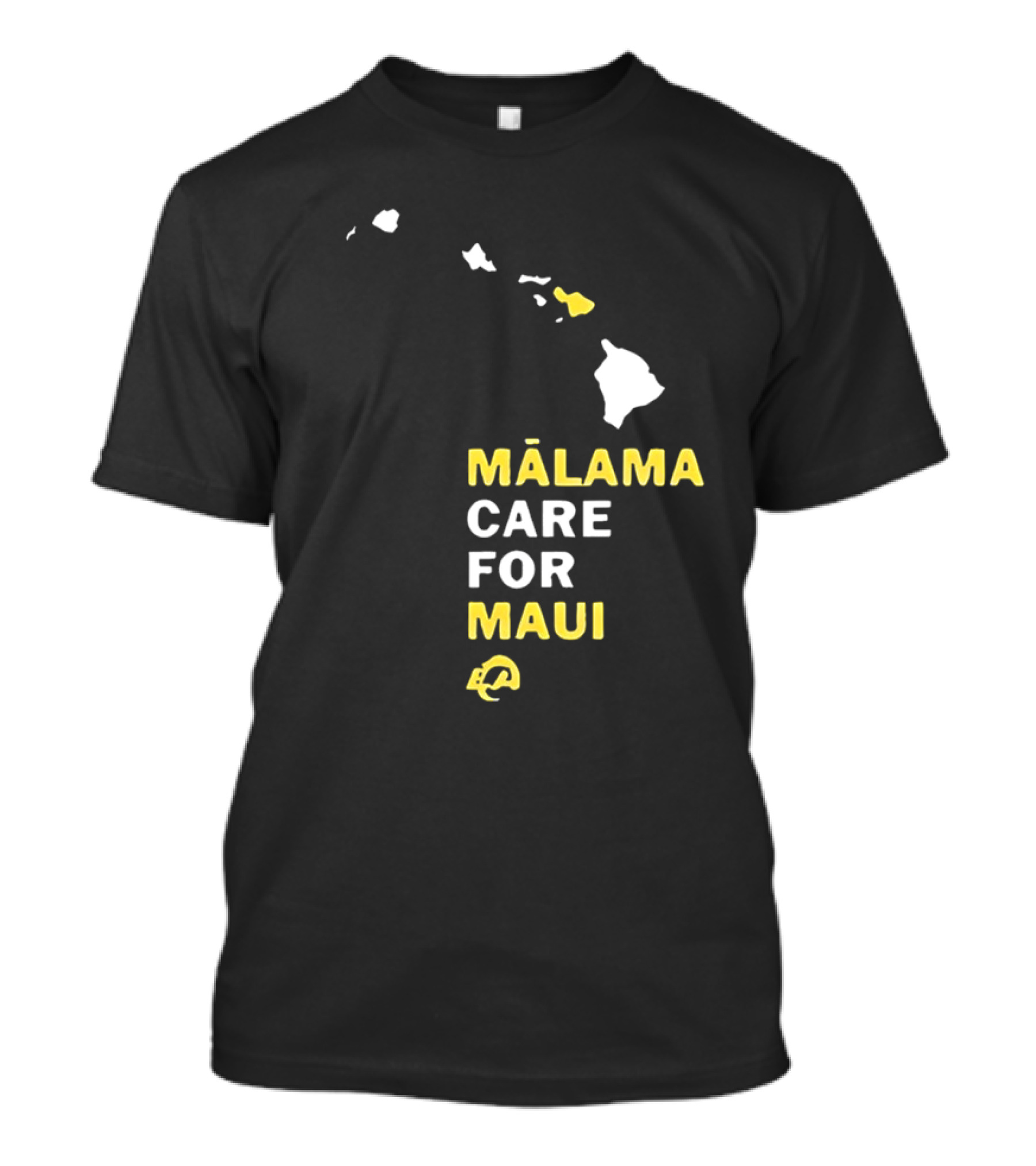 Mālama Care For Maui Los Angeles Rams Support With Hawaiian Islands Map T-Shirt