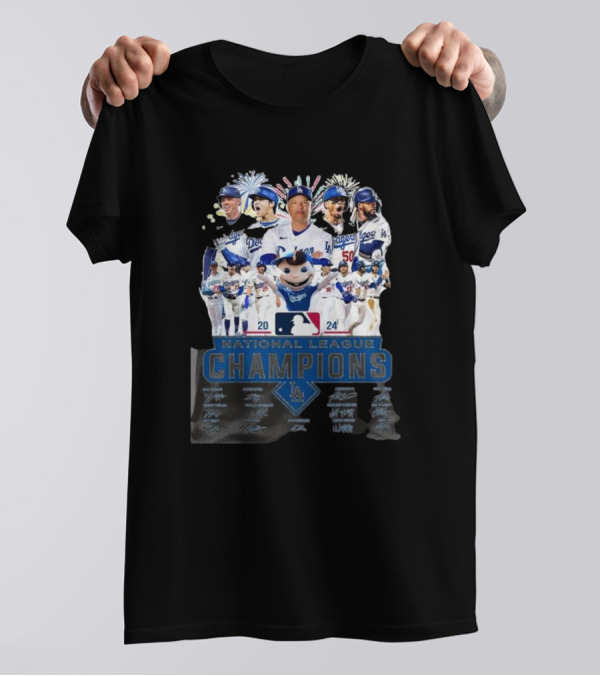 Los Angeles Dodgers 2024 National League Champions Fireworks Celebration Signatures T-Shirt