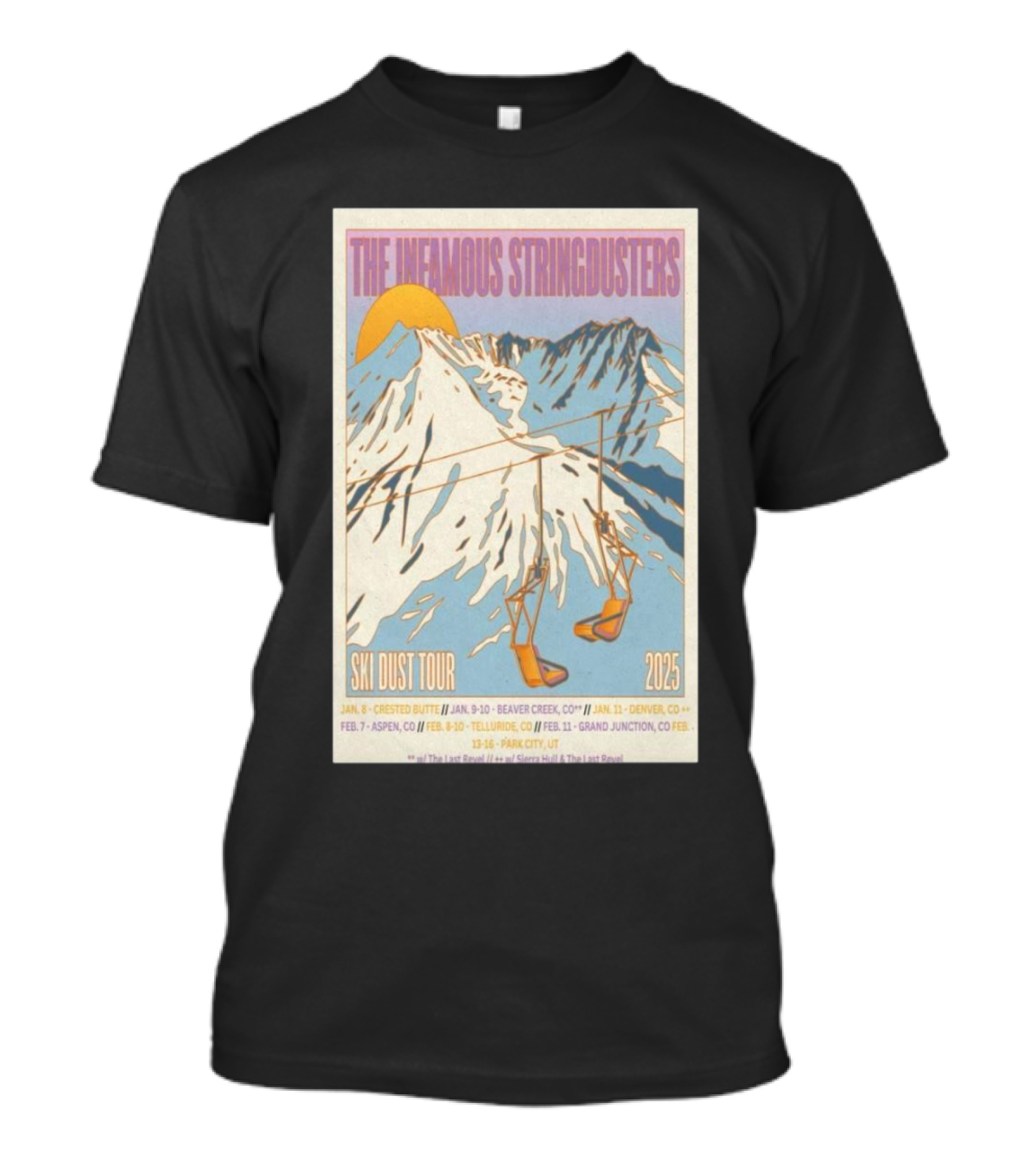 The Infamous Stringdusters Ski Dust Tour 2025 Crested Butte Beaver Creek Denver Aspen Telluride Grand Junction Park City T-Shirt