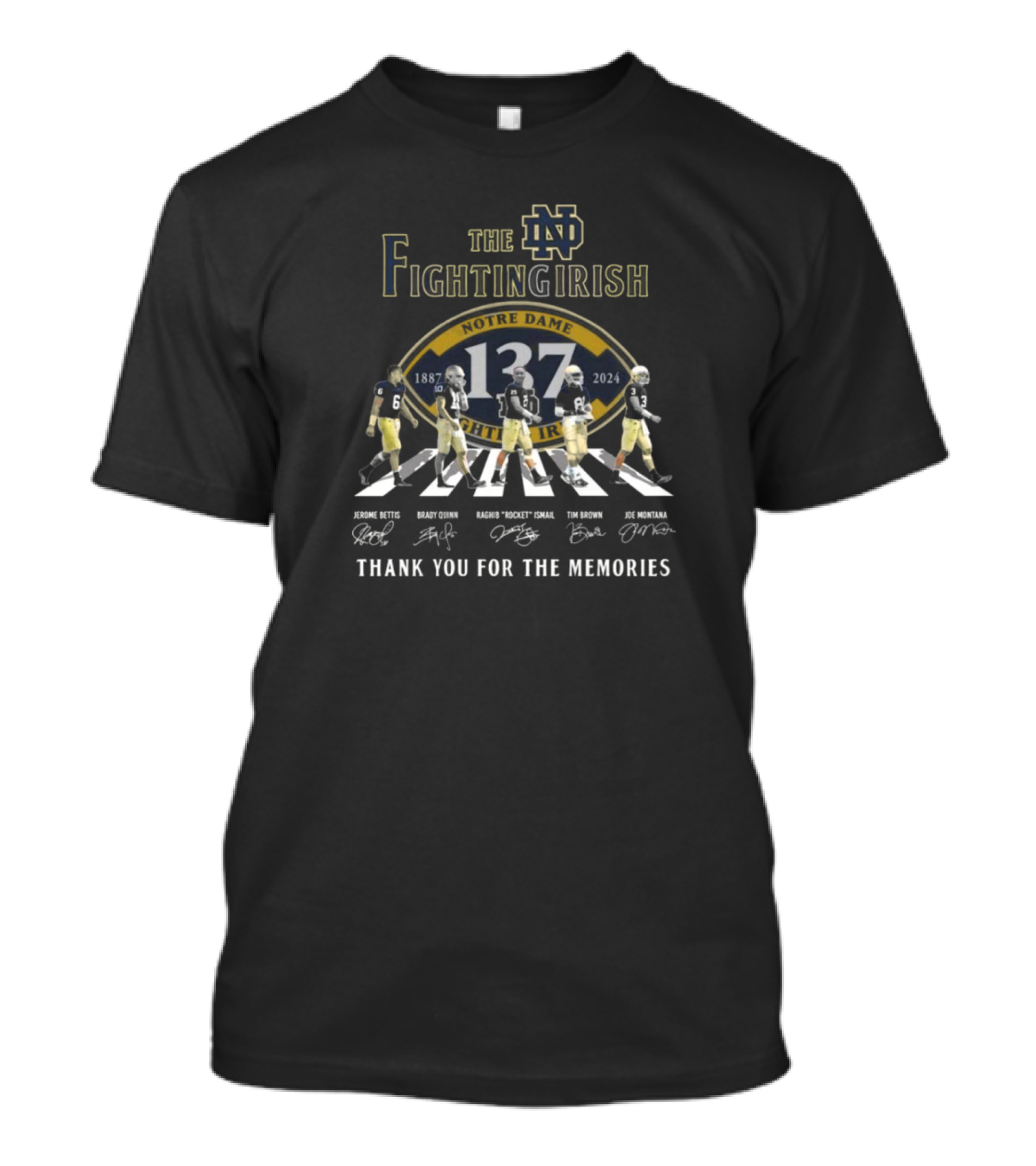 The Notre Dame Fighting Irish 137 Years 1887-2024 Thank You For The Memories Walking Signatures T-Shirt