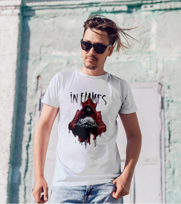 In Flames Siren Charms Red Hooded Figure Holding Cracked Mask T-Shirt