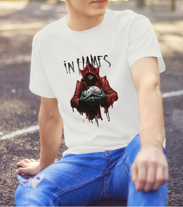 In Flames Siren Charms Red Hooded Figure Holding Cracked Mask T-Shirt