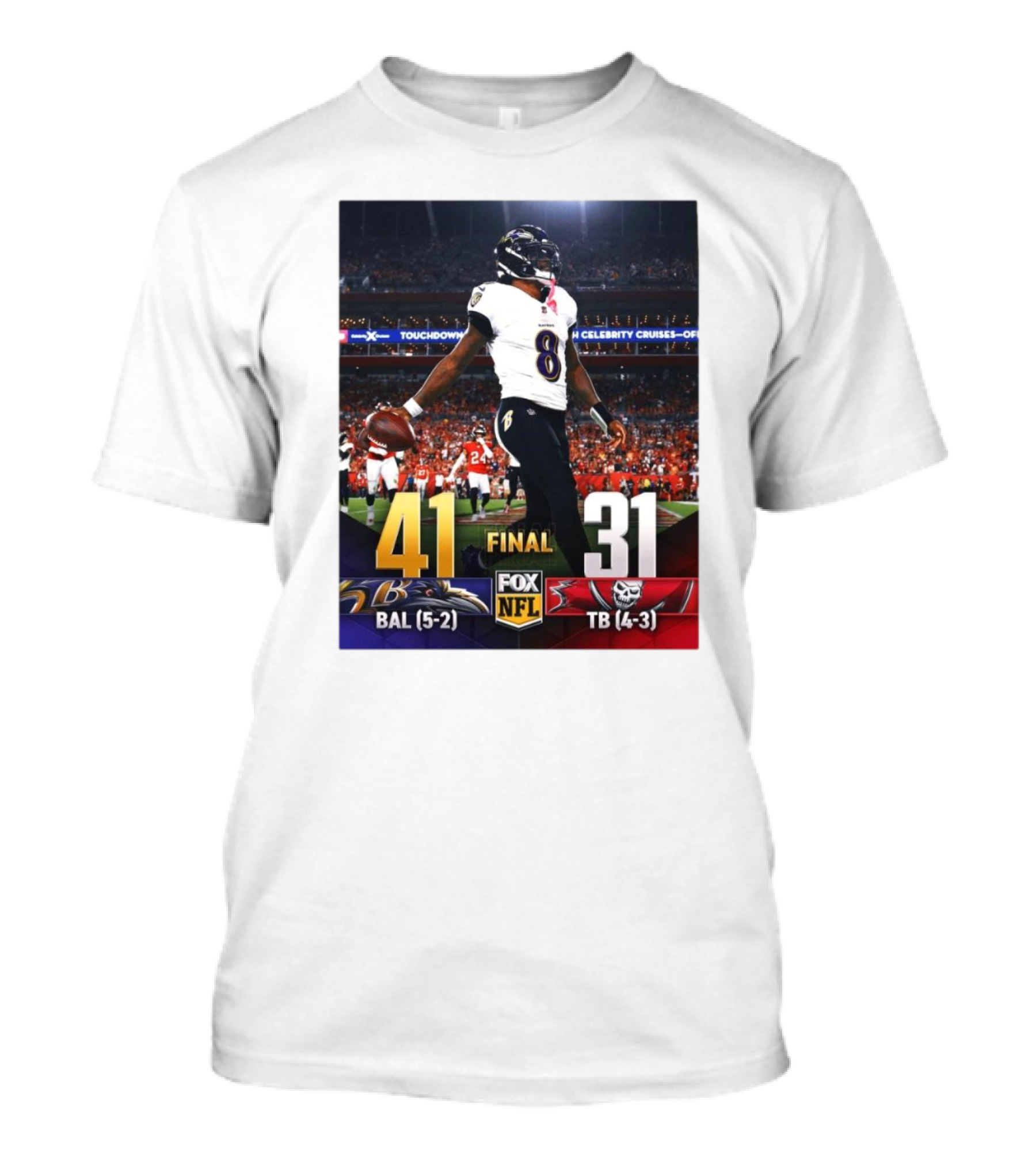 Baltimore Ravens 41 Final 31 Tampa Bay Buccaneers NFL Football Game Summary Ravens 5-2 Bucs 4-3 T-Shirt