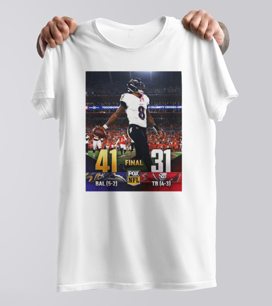 Baltimore Ravens 41 Final 31 Tampa Bay Buccaneers NFL Football Game Summary Ravens 5-2 Bucs 4-3 T-Shirt