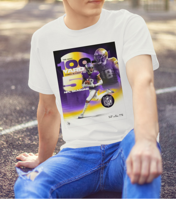The Most 100 Yard Games In First 5 NFL Seasons Minnesota Vikings Justin Jefferson T-Shirt