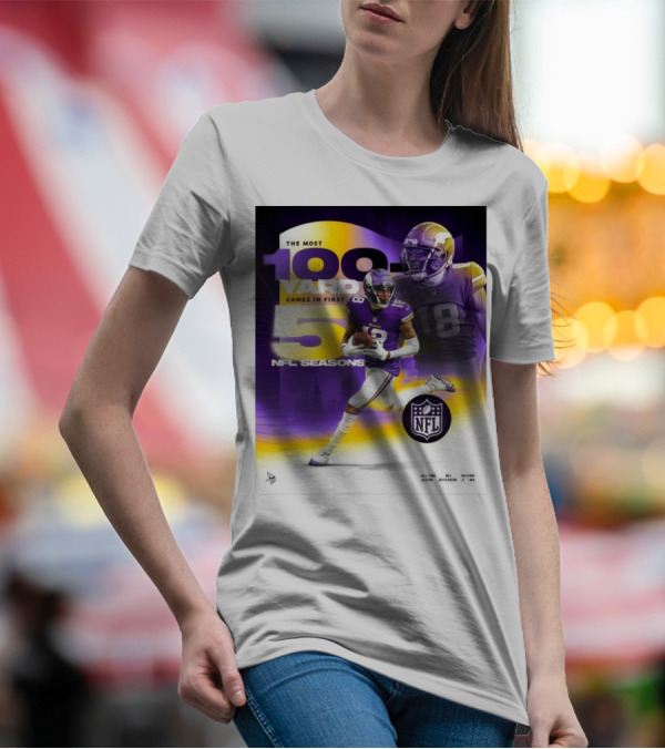 The Most 100 Yard Games In First 5 NFL Seasons Minnesota Vikings Justin Jefferson T-Shirt