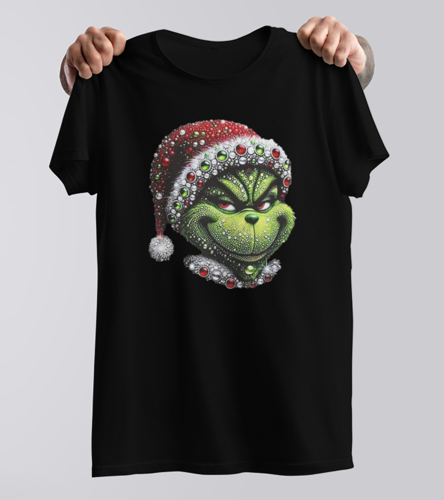 Grinch 2024 The Creepy Smile For Christmas Sparkling Santa Hat Gemstone T-Shirt