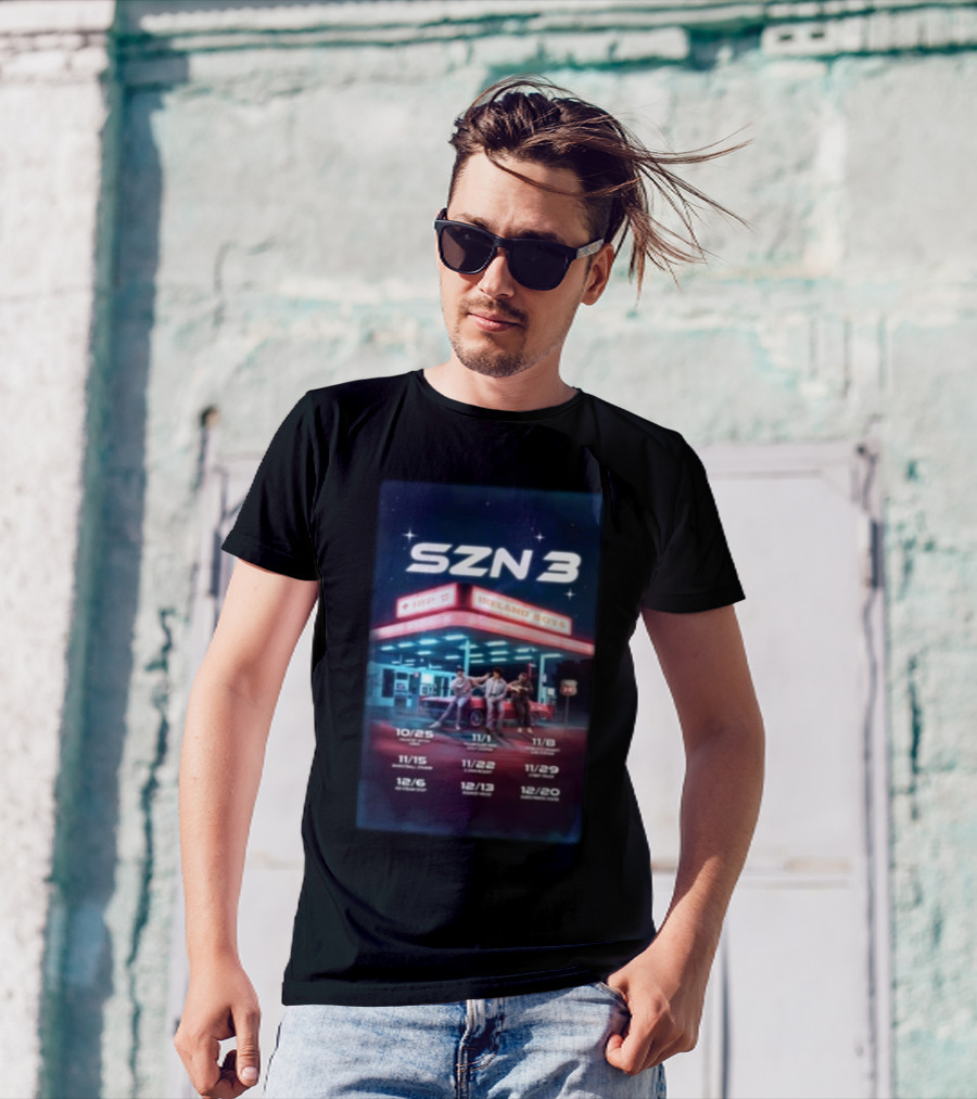 SZN 3 Ireland Boys Tour Dates With Retro Gas Station Scene T-Shirt