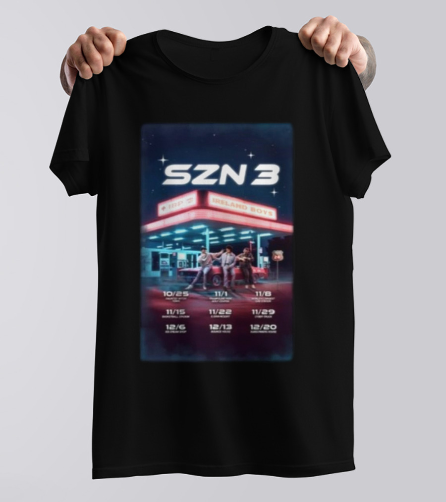 SZN 3 Ireland Boys Tour Dates With Retro Gas Station Scene T-Shirt