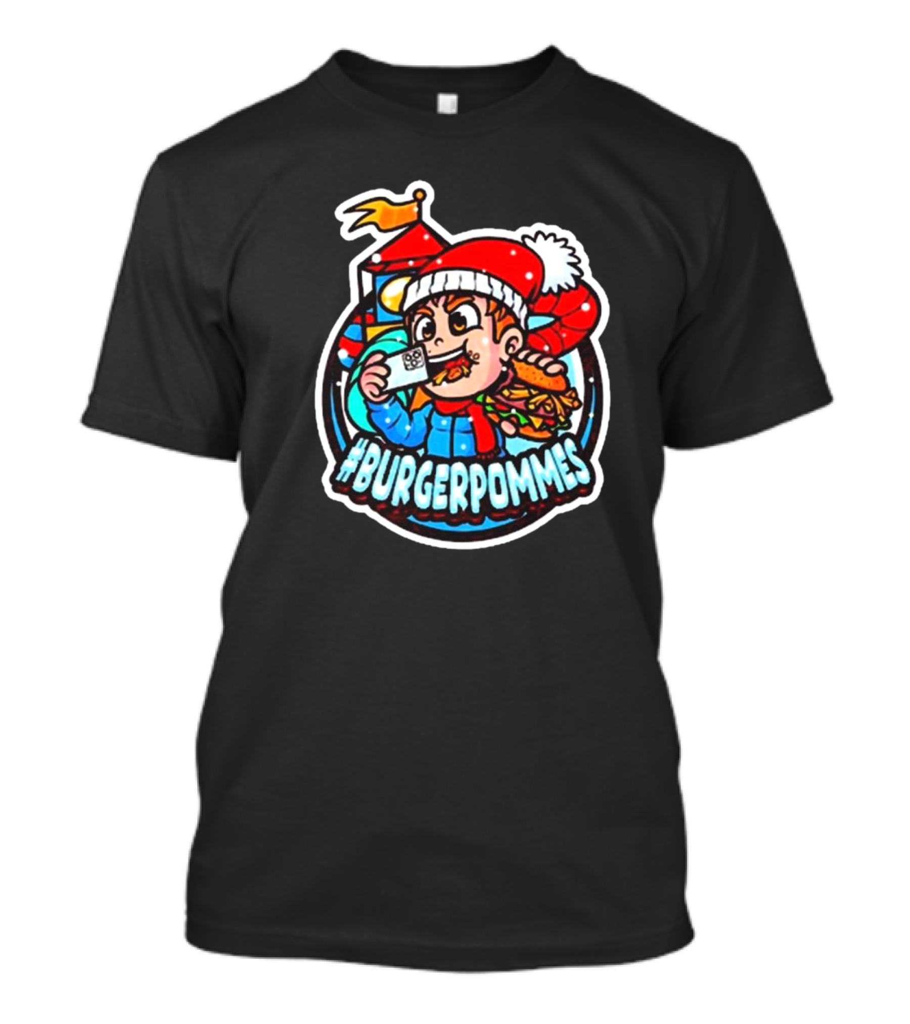 Lukasbs #Burgerpommes Christmas 2024 Festive Cartoon Santa Hat Burger Sandwich T-Shirt