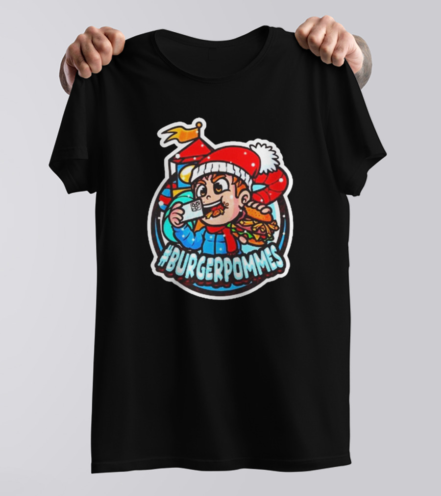 Lukasbs #Burgerpommes Christmas 2024 Festive Cartoon Santa Hat Burger Sandwich T-Shirt