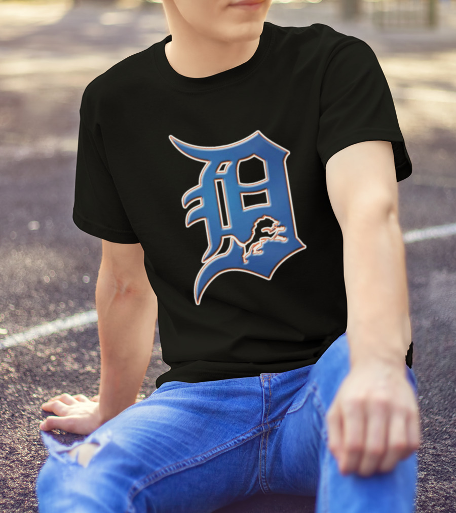 Detroit Lions Tigers Logo Mashup NFL MLB Blue D T-Shirt