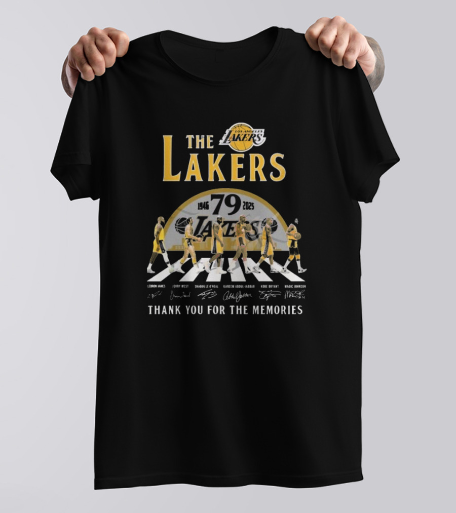 Los Angeles Lakers 79th Anniversary 1946-2025 Thank You For The Memories Walking Signatures LeBron James Jerry West Shaquille O'Neal Kareem Abdul-Jabbar Kobe Bryant Magic Johnson T-Shirt