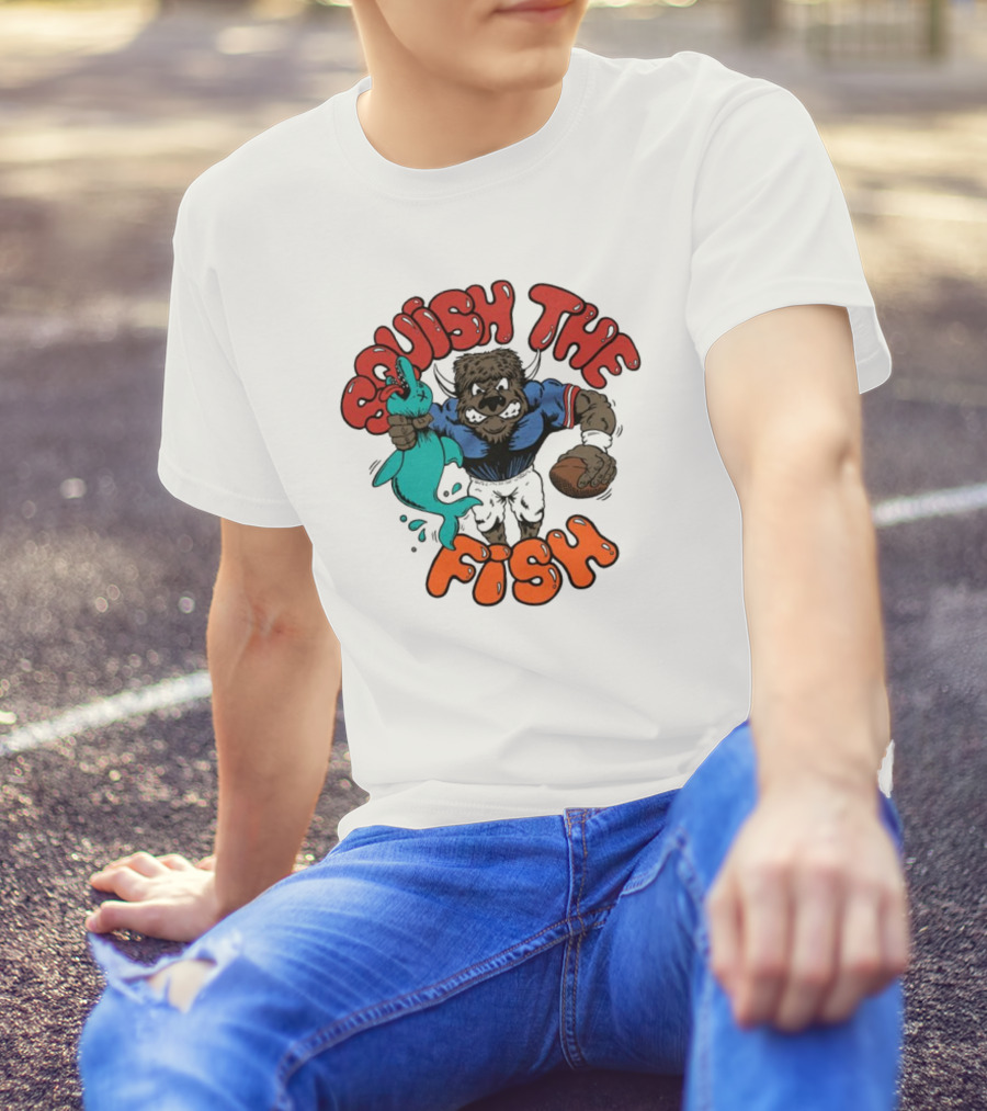 Buffalo Bills NFL Squish The Fish Vintage Rivalry Graphic Featuring Cartoon Football Player And Fish T-Shirt