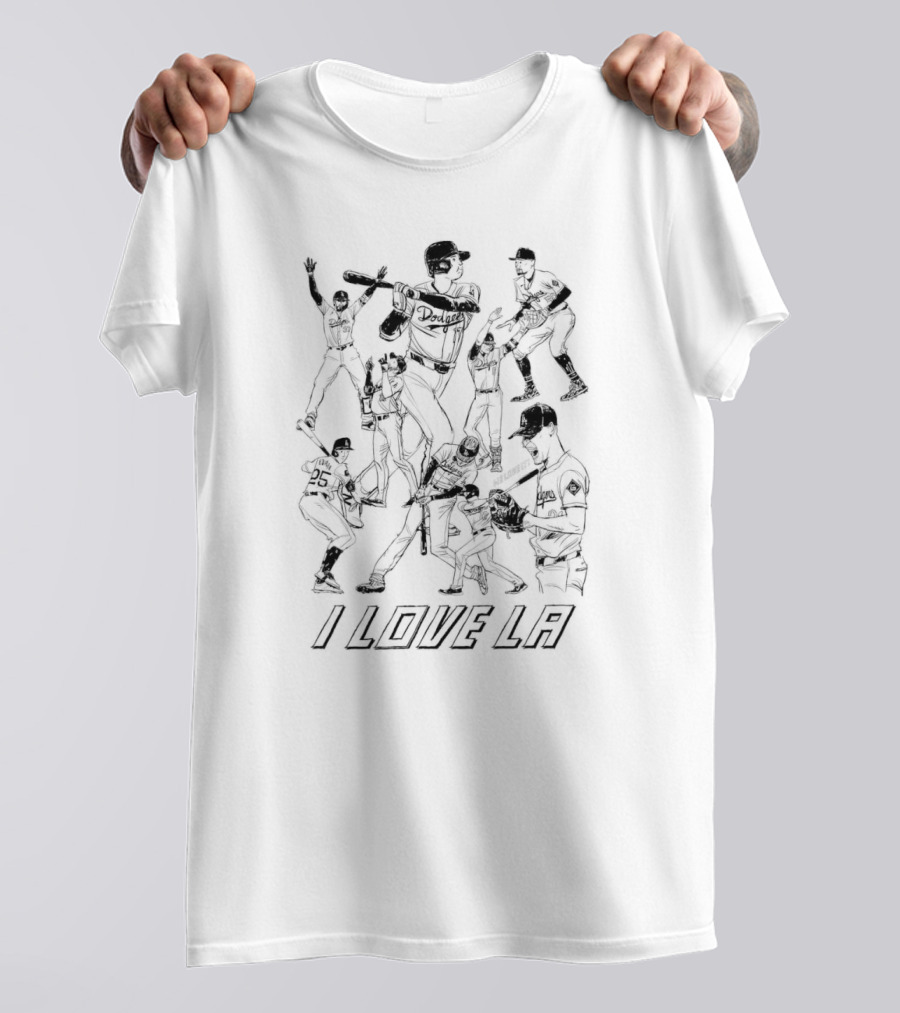 I Love LA Los Angeles Dodgers Baseball Players Hand Drawing T-Shirt