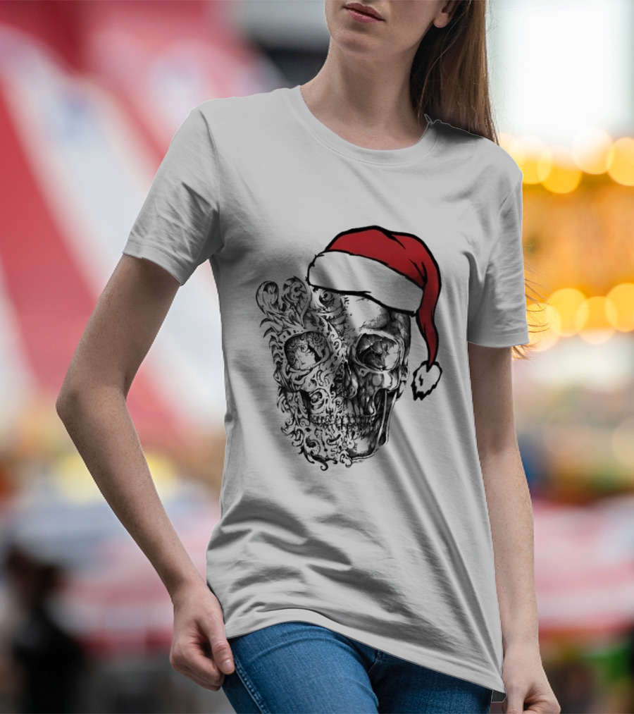 Skulls And Bodies Christmas With Santa Hat Humor T-Shirt