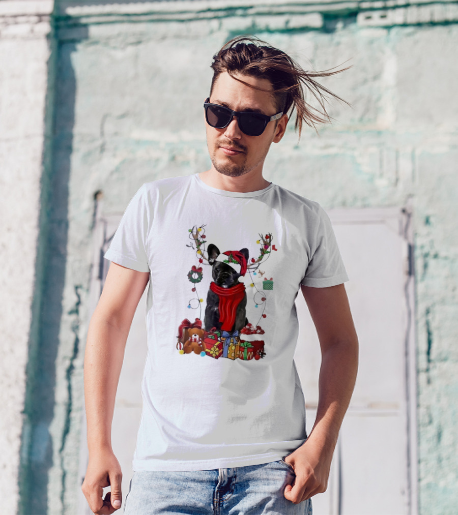 French Bulldog With Santa Hat Reindeer Antlers Xmas Lights And Gifts Merry Christmas T-Shirt