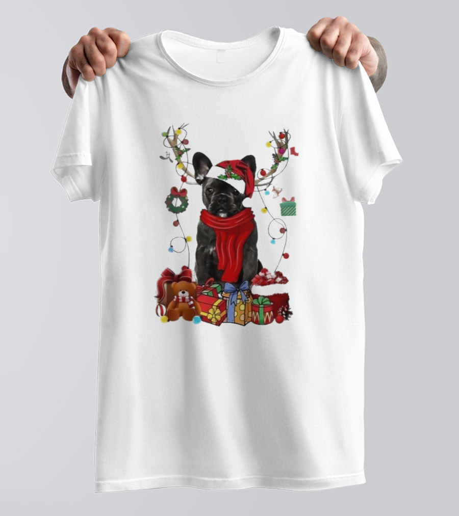 French Bulldog With Santa Hat Reindeer Antlers Xmas Lights And Gifts Merry Christmas T-Shirt