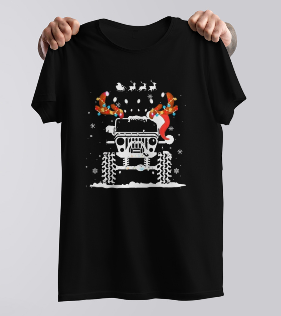 Jeep Reindeer Antlers Santa Sleigh Christmas Lights T-Shirt