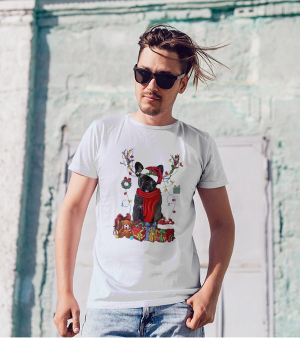 French Bulldog Reindeer Christmas Lights Merry Christmas Wreath Gifts T-Shirt