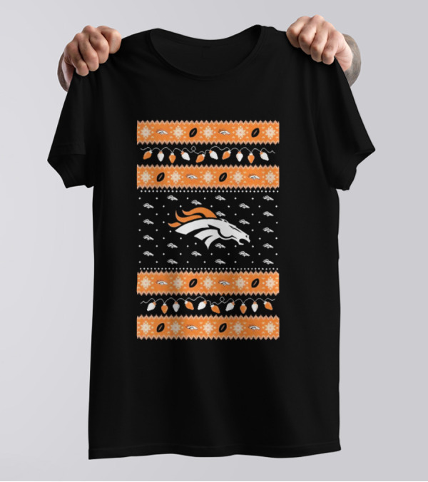 Denver Broncos NFL Ugly Sweater Holiday Lights Christmas T-Shirt